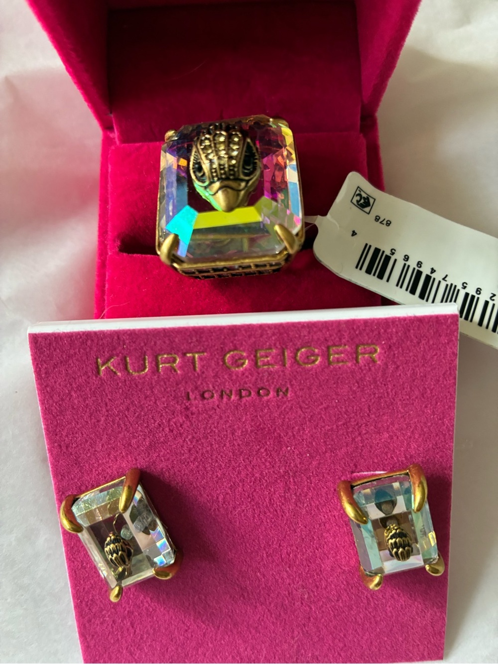 Kurt Geiger Gold-Tone Ring and Stud Earrings with Aurora Crystal, size 7 - Picture 7 of 10